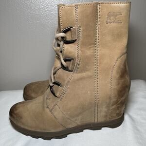 Sorel Joan of Arctic Wedge Mid Tobacco Tan Winter Leather Boot Womens Size 9 EUC